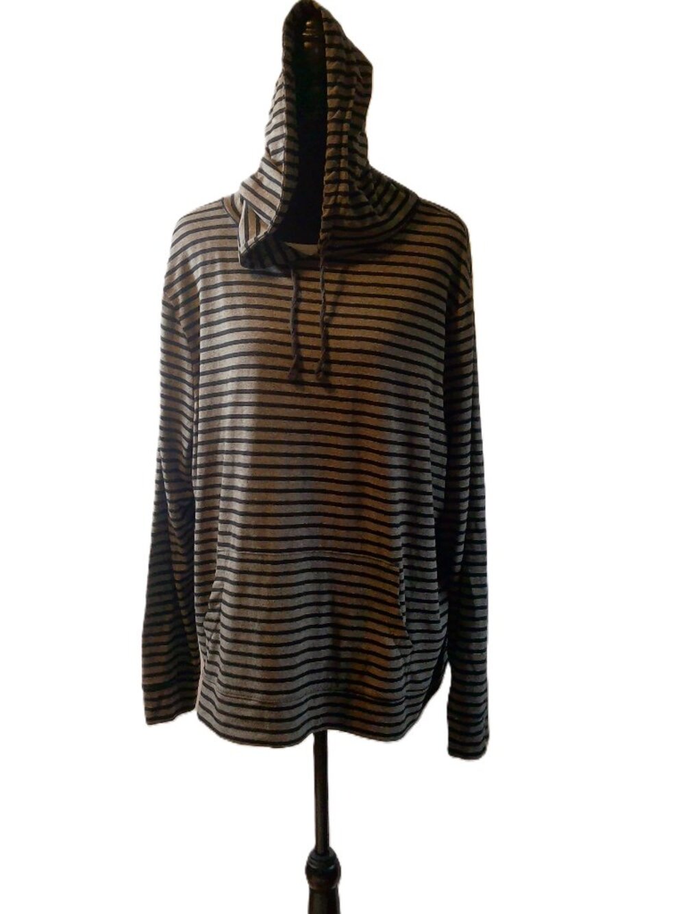 Old Navy Lightweight Striped Hoodie Shirt XXL Gray & Black Kangaroo Pocket
